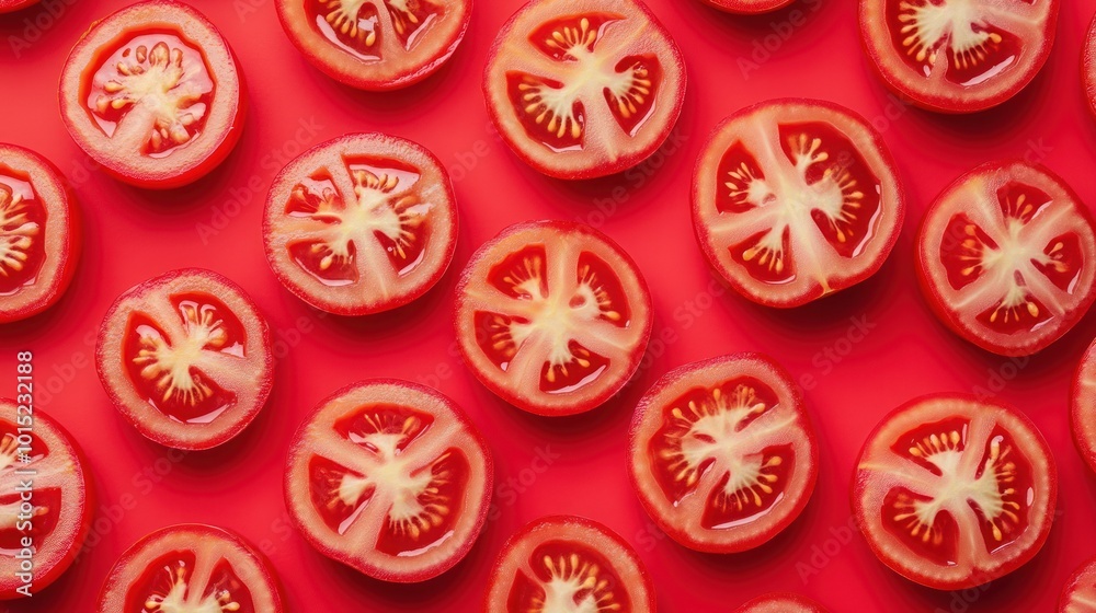 Close-up of sliced red tomatoes arranged in a repeating pattern on a red background. Close-up of sliced red tomatoes arranged in a repeating pattern on a red background.
