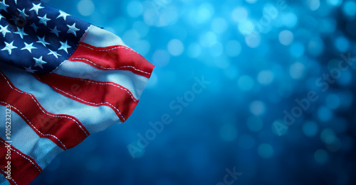 A blue background with a red and white American flag. The flag is waving in the wind. The flag is the main focus of the image