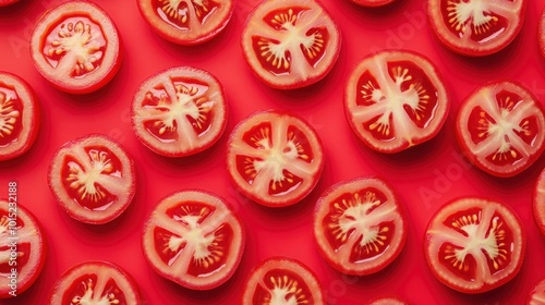 Close-up of sliced red tomatoes arranged in a repeating pattern on a red background.