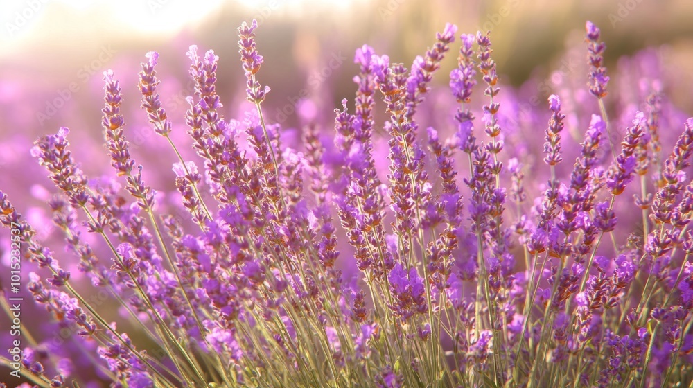A field of lavender flowers bathed in warm sunlight. A field of lavender flowers bathed in warm sunlight.