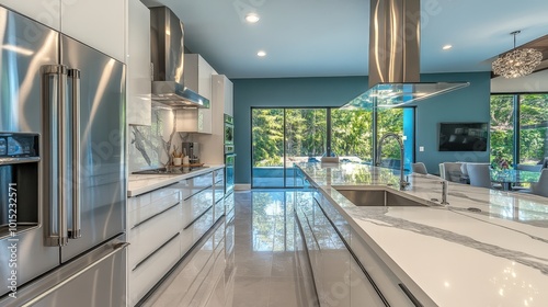 Modern Kitchen Interior with Glossy Cabinets, Marble Countertops, and a Scenic View