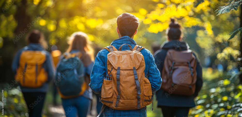 A group of people are walking through a forest, each carrying a backpack. Scene is peaceful and serene, as the group of people seem to be enjoying their time in nature A group of people are walking through a forest, each carrying a backpack. Scene is peaceful and serene, as the group of people seem to be enjoying their time in nature