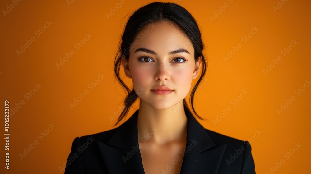 Portrait of a confident woman with dark hair wearing a black blazer against an orange background Portrait of a confident woman with dark hair wearing a black blazer against an orange background