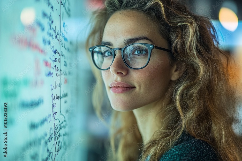 Confident Young Woman with Glasses Standing by a Whiteboard Covered in Notes, Looking Thoughtfully at the Camera in a Modern Office Environment Confident Young Woman with Glasses Standing by a Whiteboard Covered in Notes, Looking Thoughtfully at the Camera in a Modern Office Environment