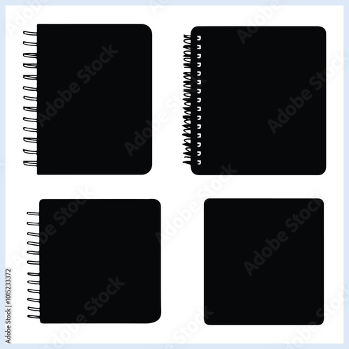 Notebook black silhouettes, Notepad vector illustration on white background, educational element, diary doodles eps 