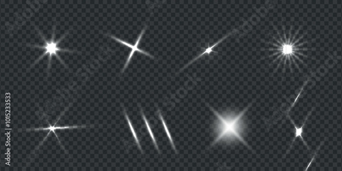 Flare effect set with light ray. Beam searchlight or lamp, sparkle, star. Glow transparent burst for web, xmas, new year decorations. Collectionof glowing stars. Isolated Vector illustration.