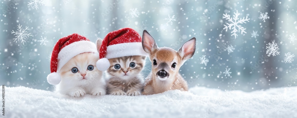 A trio of cute animals--a fluffy kitten, a puppy, and a baby deer--wearing Santa hats, enjoying the snowy forest while snowflakes dance around them. A trio of cute animals--a fluffy kitten, a puppy, and a baby deer--wearing Santa hats, enjoying the snowy forest while snowflakes dance around them.