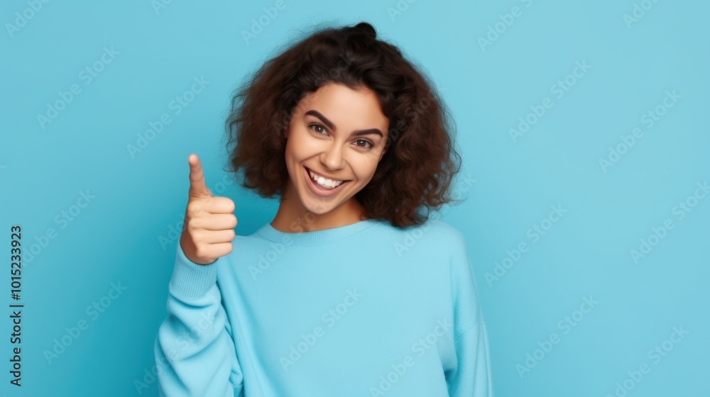 A cheerful girl with a playful smile and curly hair gestures with a thumbs-up against a vibrant blue backdrop, radiating positivity and charm. A cheerful girl with a playful smile and curly hair gestures with a thumbs-up against a vibrant blue backdrop, radiating positivity and charm.