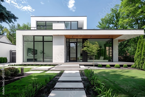 A modern home with a sleek design, white stucco walls, a flat roof, and large sliding glass doors opening to a minimalist deck with potted plants photo