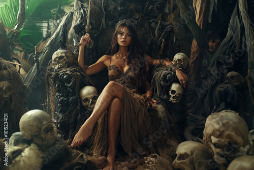 Amazon girl warrior with a spear sits on a throne on a jungle background.