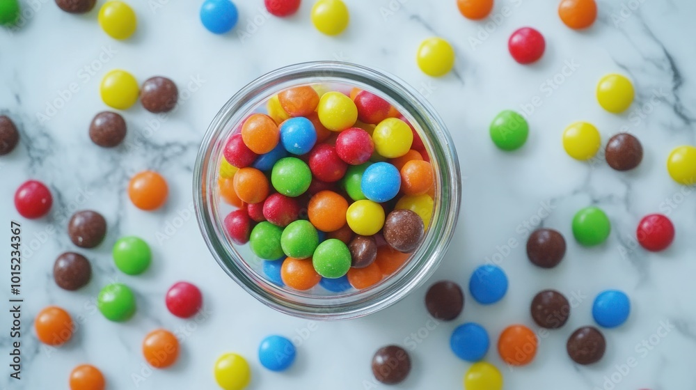 A glass bowl filled with colorful candies on a white marble background. A glass bowl filled with colorful candies on a white marble background.