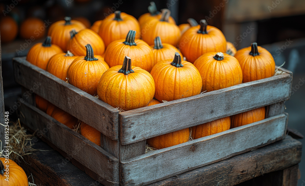 A crate full of pumpkins with a brown wooden crate. The pumpkins are orange and have a stem A crate full of pumpkins with a brown wooden crate. The pumpkins are orange and have a stem