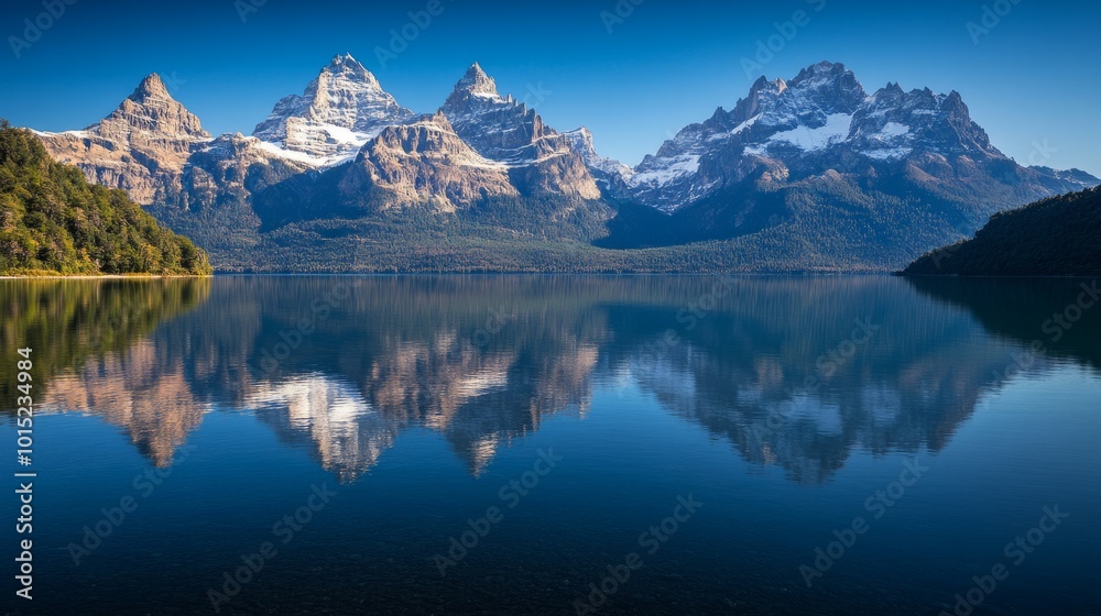 A scenic view of a mountain range reflected in a still lake. A scenic view of a mountain range reflected in a still lake.