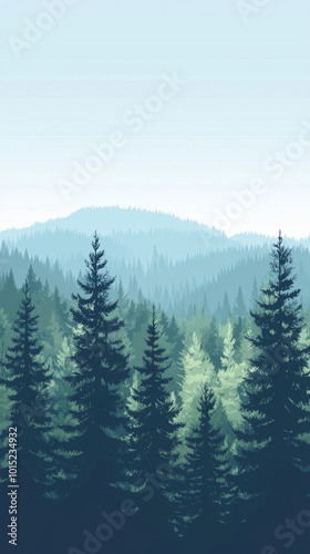 A scenic view of a forest with tall trees in the foreground and a misty mountain range in the background.