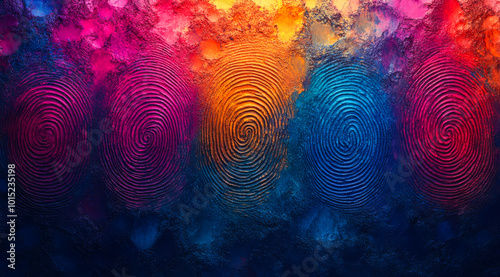 A colorful painting of fingerprints with a blue background. The painting is full of swirls and has a vibrant, energetic feel to it