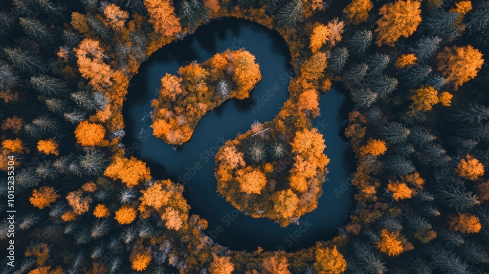 An aerial view of a winding river surrounded by dense forest in autumn colors. An aerial view of a winding river surrounded by dense forest in autumn colors.