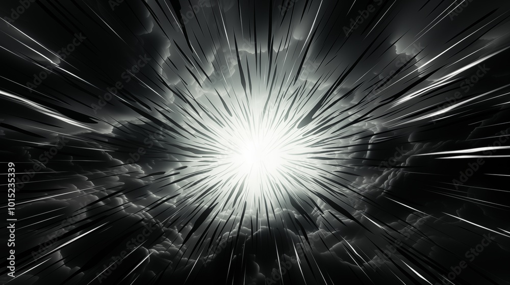 Obraz premium Comic book black radial lines overlay on white background. Royalty high-quality image of action lines. Motion or movement effect. Manga anime cartoon radial speed and abstract. Backgrounds, wallpapers