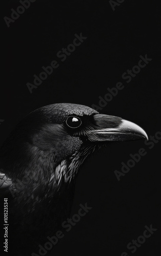 A black bird with a large eye is shown in a black background. The bird is the main focus of the image, and its large eye draws attention to it. The black background creates a sense of depth