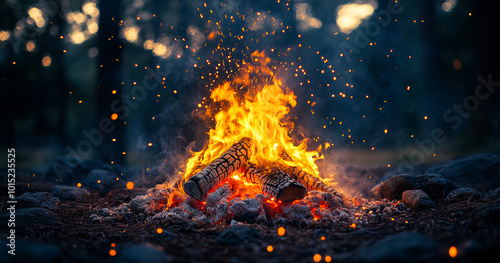 A fire is burning in a pile of wood. The fire is surrounded by a lot of sparks and smoke. Scene is warm and cozy, as if someone is sitting by the fire on a cold night