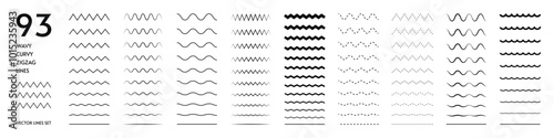 Wavy lines. Zigzag squiggly waves. Curvy wiggle or ripple graphic. Undulate wiggly sine. Jagged parallel. Angular amplitude. Straight underline. Horizontal waveform elements vector set