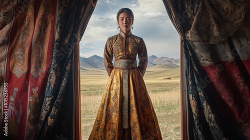 Majestic Portrait of Mongolian Woman in Traditional Attire