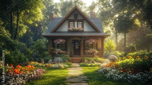 Cozy Cottage Retreat: A charming cottage nestled amidst a lush garden, bathed in the golden light of dawn, evokes a sense of tranquility and peaceful living.