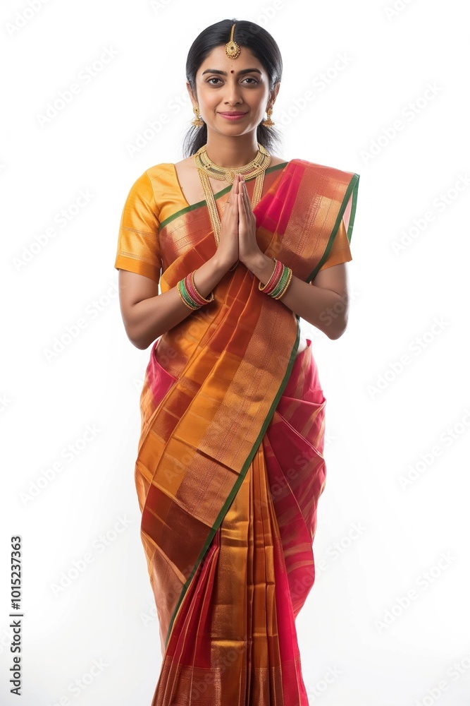 Indian woman in traditional saree, red, gold, green colors. She is standing against white background, wearing gold jewelry, ornaments. Hands together in namaste gesture, welcoming guests. Indian woman in traditional saree, red, gold, green colors. She is standing against white background, wearing gold jewelry, ornaments. Hands together in namaste gesture, welcoming guests.