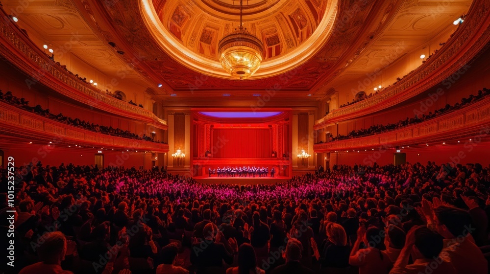 Naklejka premium A large crowd of people in an auditorium, all looking up at the stage. The stage is empty except for a red curtain. The ceiling is high and vaulted, and there is a large chandelier hanging from it.