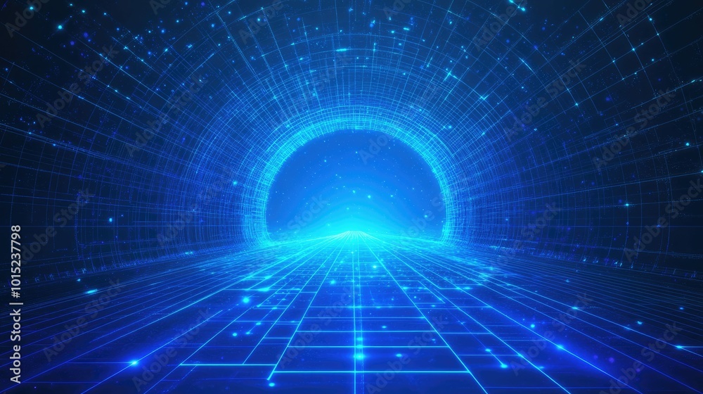 Fototapeta premium Abstract digital tunnel made of blue lines with glowing light at the end.