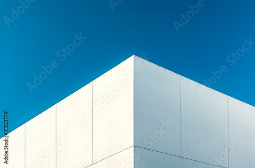 A minimalist building corner rises towards a clear blue sky, showcasing simple design and clean lines in an urban setting