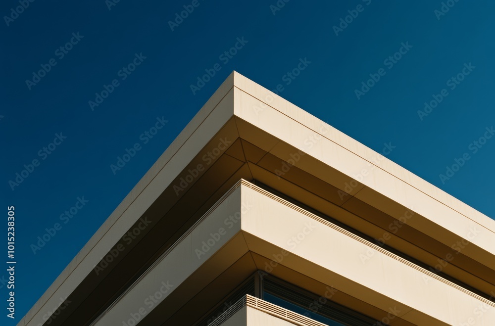 A sharp-edged modern building corner juts out against a pristine blue sky, showcasing architectural design and urban beauty A sharp-edged modern building corner juts out against a pristine blue sky, showcasing architectural design and urban beauty