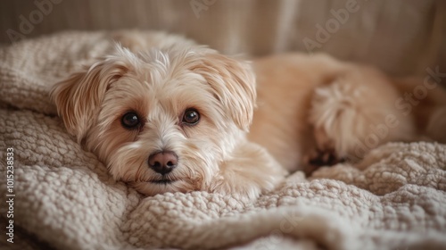 A cream-colored dog lying on a soft blanket, with detailed fur textures and soft shadows