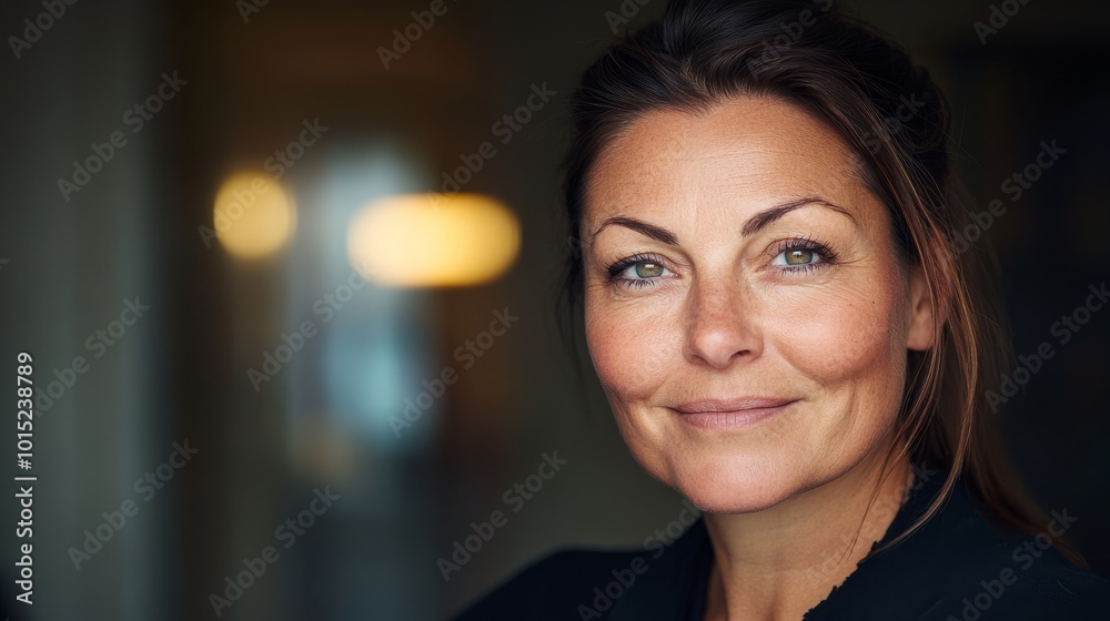 Fototapeta premium A confident adult woman smiles softly, illuminated by warm lighting. The blurred background enhances her features, making this ideal for business branding or professional profiles