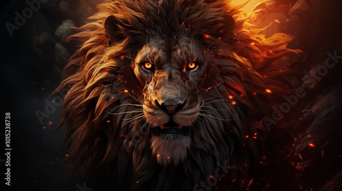 creative golden burning lion king head black style with soft mane and dark background.