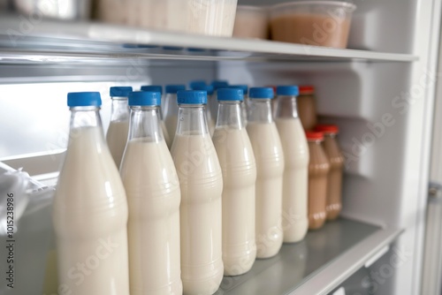 Milk bottles arranged in grid on refrigerator shelf. White and blue bottles with different labels. Varying sizes and colors on kitchen appliance. Fresh milk storage in home fridge.