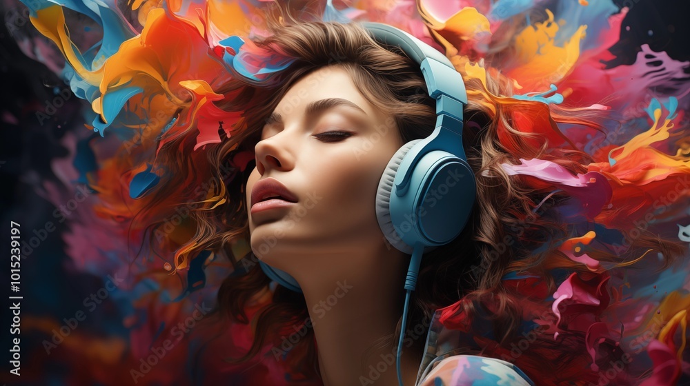 Fototapeta premium Creative music background. Colorful head wearing headphones on bright background. Sound inspiration and emotions.