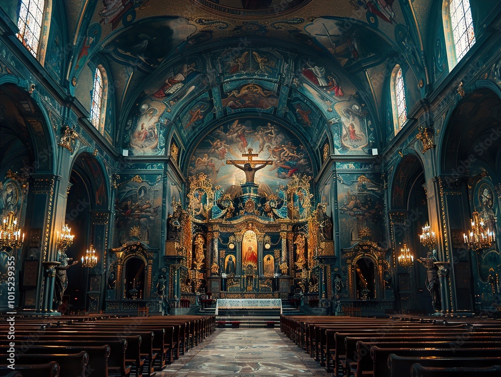 Ornate Church Interior with Gold Accents and Stunning Artwork Ornate Church Interior with Gold Accents and Stunning Artwork