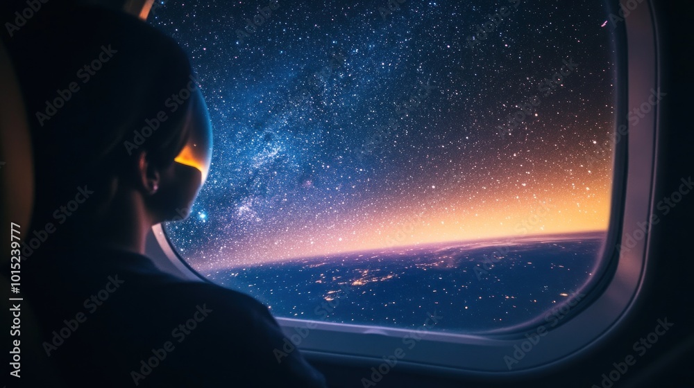 Fototapeta premium A person looks out the window of an airplane at the stars and Milky Way.