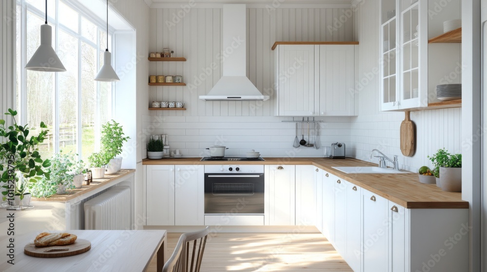 Fototapeta premium A modern kitchen features light-colored cabinetry and wooden countertops, with natural light illuminating the space