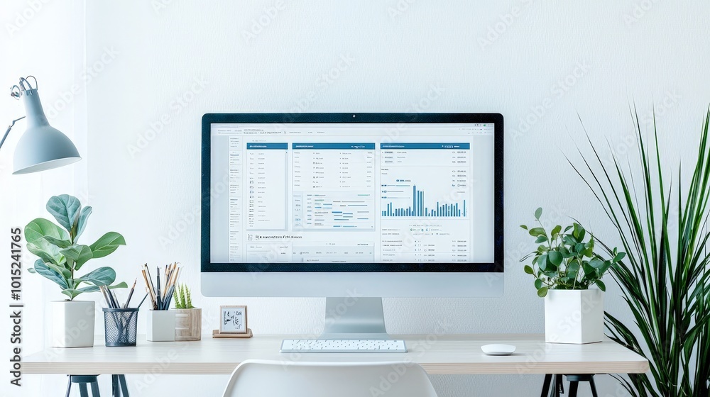 Modern Office Workspace with Data Analytics on Desktop Computer Modern Office Workspace with Data Analytics on Desktop Computer