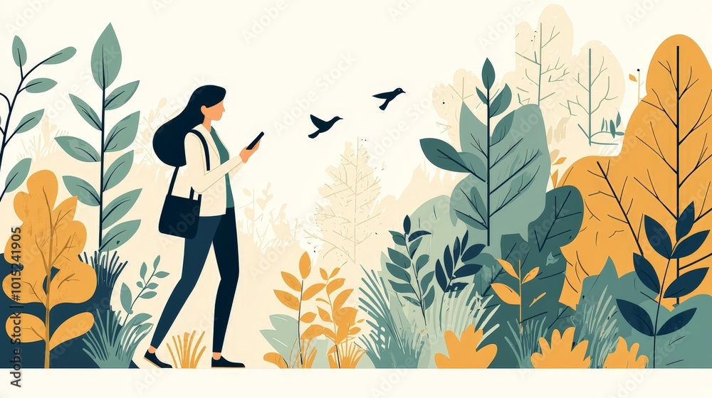 Woman Walking in Nature, Surrounded by Trees, Leaves and Birds in a Calm and Serene Setting Woman Walking in Nature, Surrounded by Trees, Leaves and Birds in a Calm and Serene Setting
