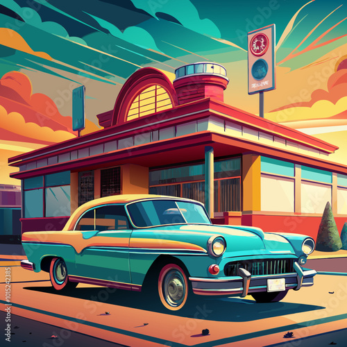 The classic vintage car, with its shiny chrome finish, gleams in the sunlight, drawing attention from passersby who admire its timeless elegance.