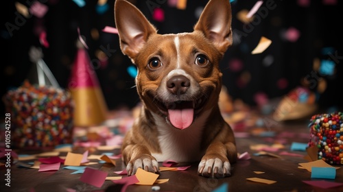 Cute dog celebrating birthday and carnival with mask, confetti and streamer.