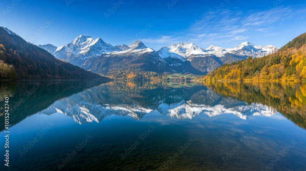 Naklejka premium Picturesque view of a mountain lake with snow-capped peaks reflected in the still water.