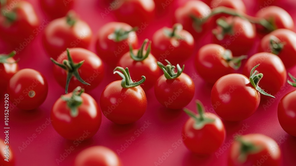 A close-up shot of cherry tomatoes scattered on a pink surface. A close-up shot of cherry tomatoes scattered on a pink surface.