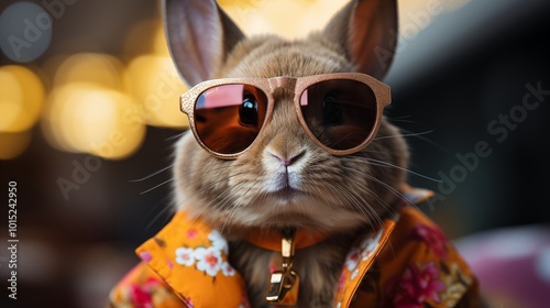 Cute Easter bunny with sunglasses Fabulous Cool rabbit wearing colorful shades, brown and white rabbit on white background with tinted sunglasses.