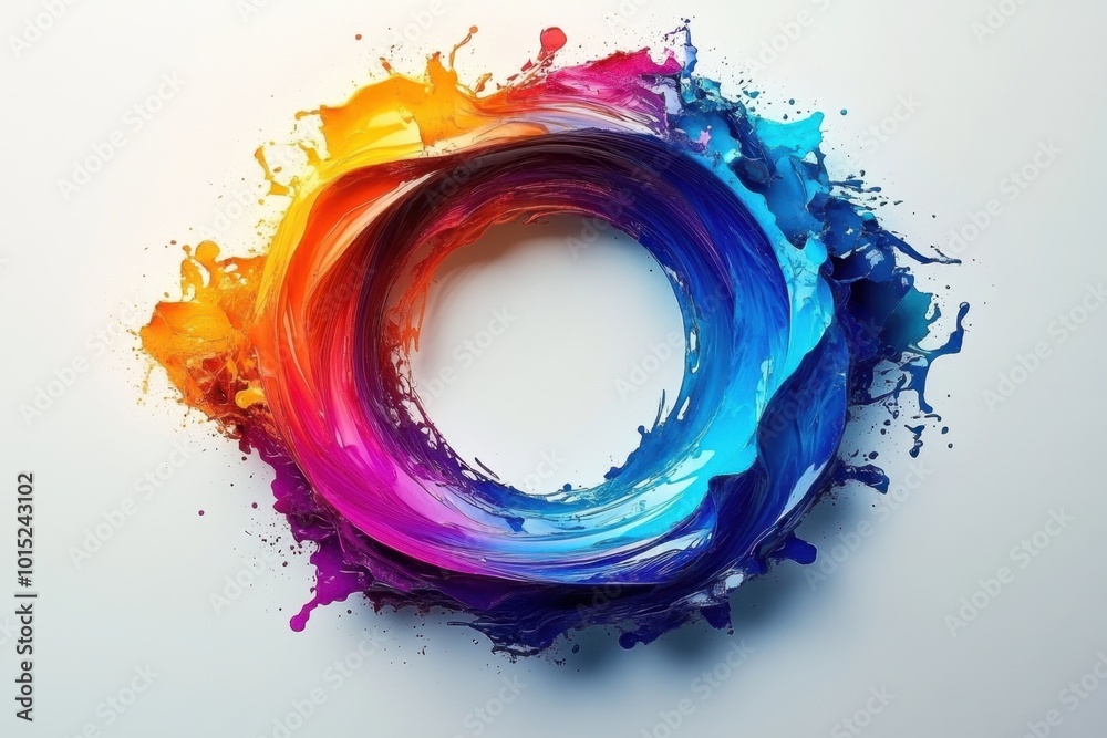 Abstract circle liquid motion flow explosion. Curved wave colorful pattern with paint drops on white background Abstract circle liquid motion flow explosion. Curved wave colorful pattern with paint drops on white background