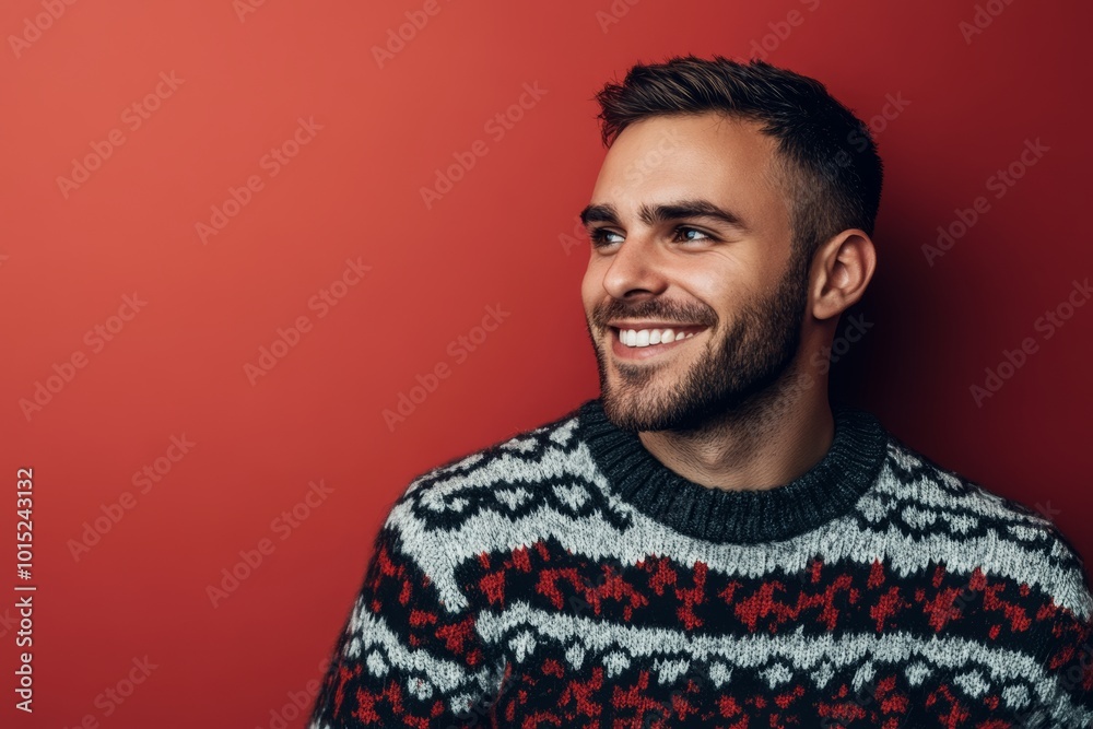Obraz premium A cheerful man in a patterned sweater beams joyfully, creating a lively and engaging winter mood in a bright setting