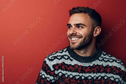 A cheerful man in a patterned sweater beams joyfully, creating a lively and engaging winter mood in a bright setting