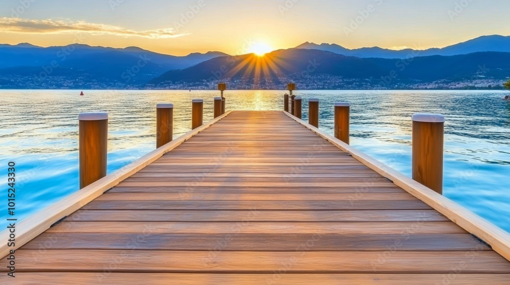Naklejka premium Scenic Sunrise Over Mountain Lake with Wooden Pier, Tranquil Nature. Travel Background